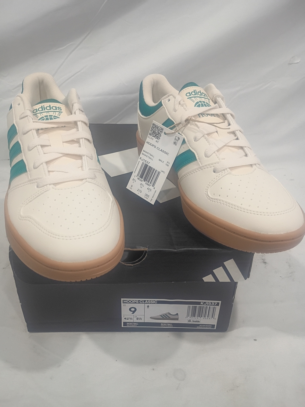 adidas Men’s Hoops Classic Sneakers — Cream with Teal Stripes and Gum Sole